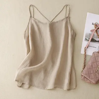 Green Ramie Cross Back Vest for Women
