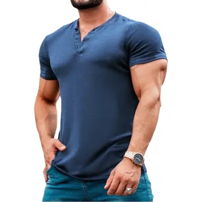 Men Blue Button Henley T-Shirt Short Sleeve Round Neck