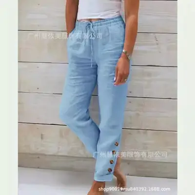 Women Cotton Elastic Waist Casual Pants Light Blue 2023