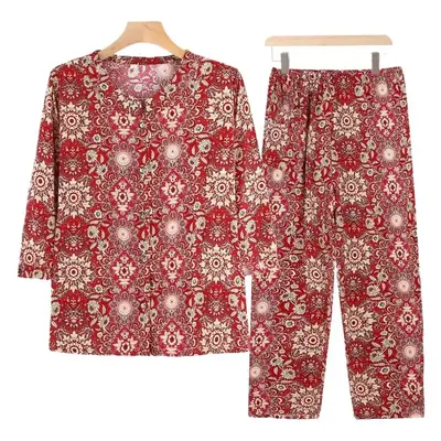 Elderly Women's Blue Paisley Suit Cotton Silk 3Pc Set