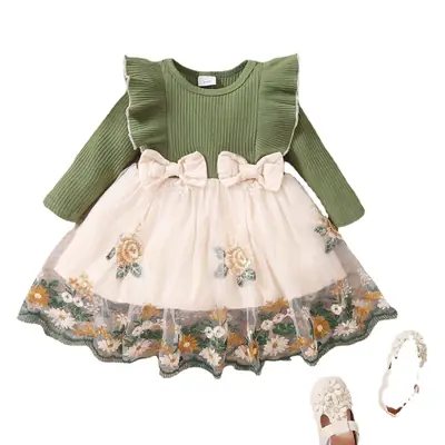 Baby Girl Ruffled Mosaic Dress Green Moustache Bow