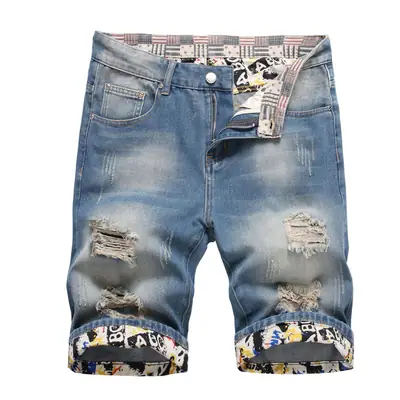 Rapped Men's Blue Denim Shorts Mid Waist Straight Cut