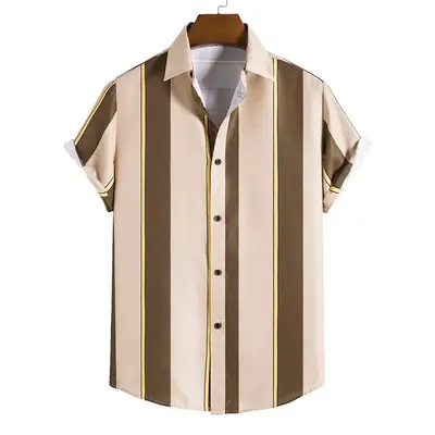 Men Striped Collar Short Sleeve Shirt Beige Brown