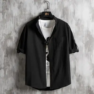 Men Linen Collar Shirt Black Half Sleeve Loose Fit