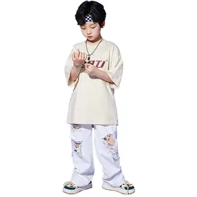 Hip Hop Kids Performance Suit Cream White Broken Pants