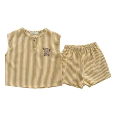Korean Style Bear Striped Cotton Shorts Set for Boys Girls Summer 2026