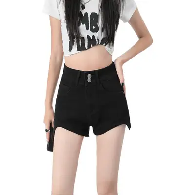 Black High-Waisted Denim Shorts Women Summer 2025