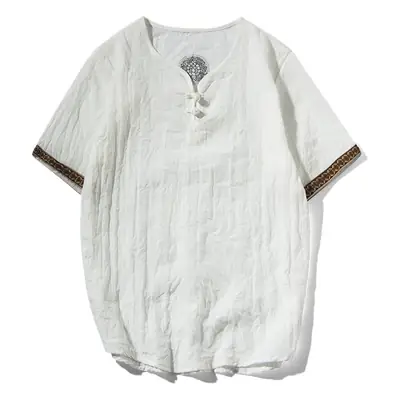Men Black Linen Short Sleeve T-Shirt with Embroidered Sleeves