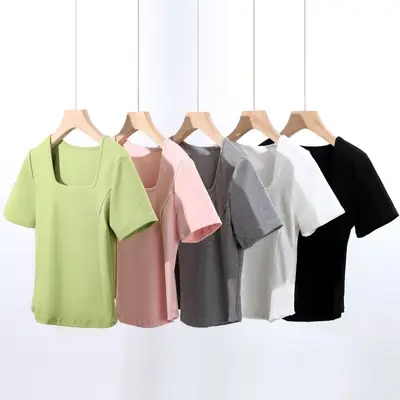 Women Grey Curved Hem T-Shirt Short Sleeve Summer