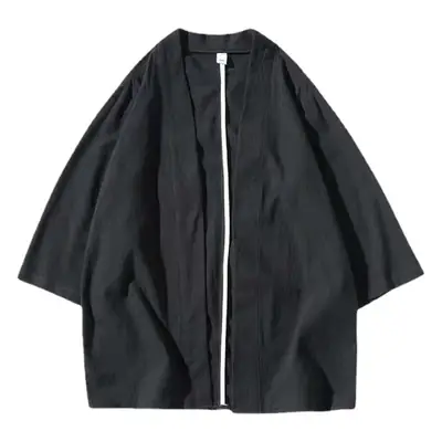 Ethnic Style Men's Black Hanfu Shirt with Seven-Point Necklace