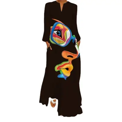 2026 Women's Printed V-Neck Long Sleeve Dress Turquoise