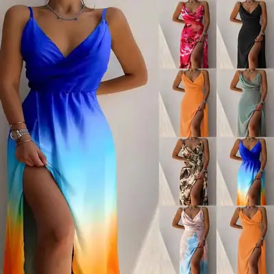 2023 Summer V-Neck Split Printed Strap Dress