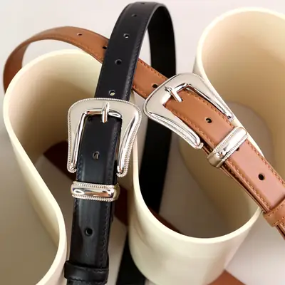 Black Leather Belt with Silver Buckle for Women