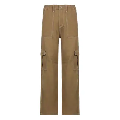 2023 Women's High Waist Pocket Pants Brown Cotton Casual Set