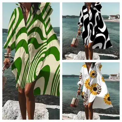 Women's Black White Abstract Print Dress Large Size