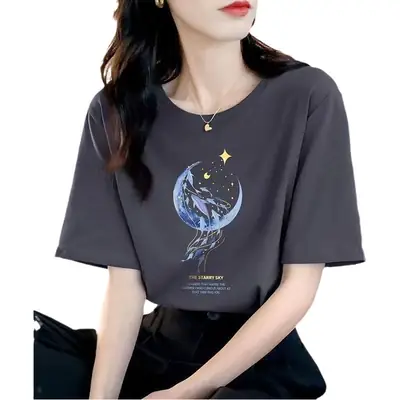 Loose Cotton Short-Sleeved T-Shirt for Women, New Summer Wear, Inner Top, Right Shoulder Design, Sweatshirt for Women, Round Neck, Spring & Fall