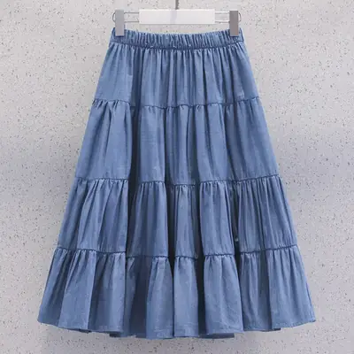 Blue Tiered Girl's Skirt Mid-Length Summer Wear