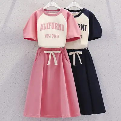 Girls' Pink Bow Skirt Set Summer Wear