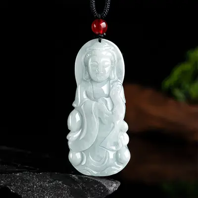 Natural Burma Jade Guanyin Pendant with Red Chain