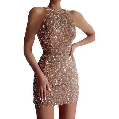 2025 Sequin Halterneck Dress Mid Waist Evening Wear