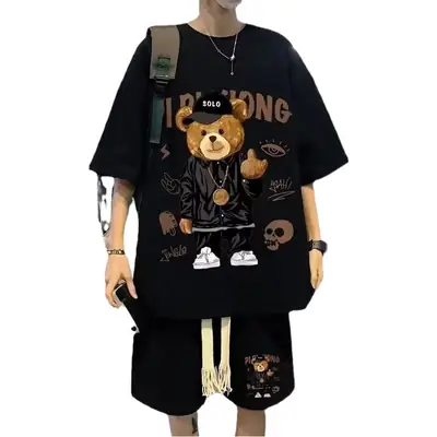 Men Waffle Casual T-Shirt Shorts Set Black Artistic Design
