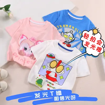 Kids Cartoon Light-Up T-Shirt White Cotton Short Sleeve