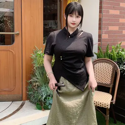 300kg Plus Size Black Chevron Cheongsam Jacket Skirt Set