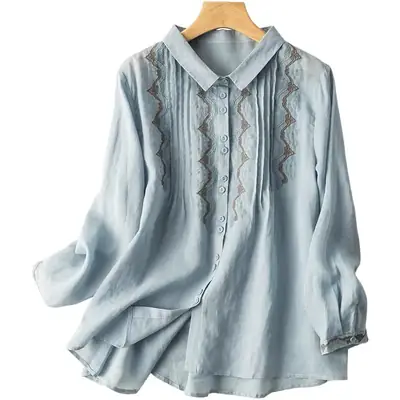 Women Embroidered Ramie Shirt Yellow 2023 Spring