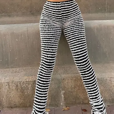 Woolen Striped Slim Fit Casual Pants Black White