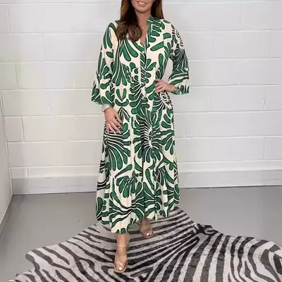 2024 Printed V-neck Nine-sleeve Long Dress