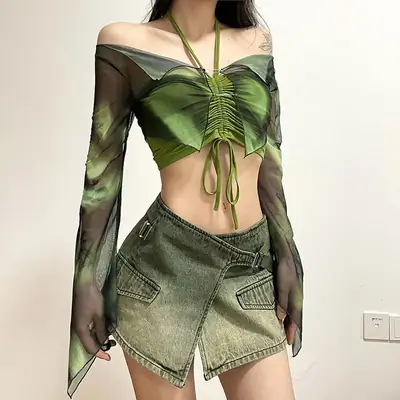 Green Printed Long Sleeve Blouse & Shorts Set for Women