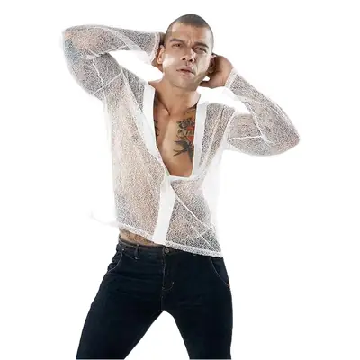 Men's Transparent Mesh Long Sleeve POLO Cardigan Summer