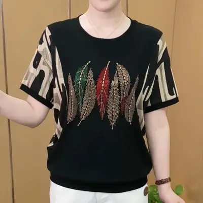 Women Rhinestone Feather T-Shirt Black Short Sleeve