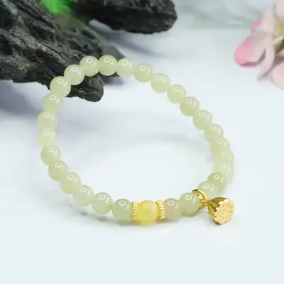Guan Yu Jade Clear Water Bracelet with Lotus Charm
