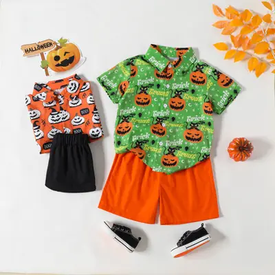 Boys Halloween Short Sleeve Pumpkin Print Shirt Shorts Set