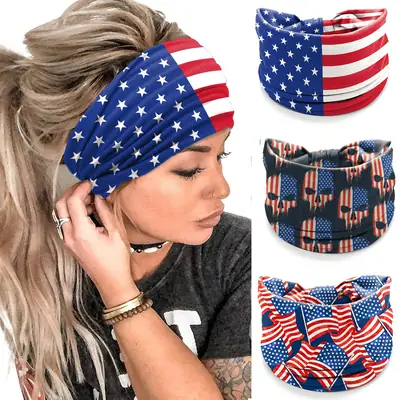 Stars Red Blue Flag Hair Band Wide Knot for Women
