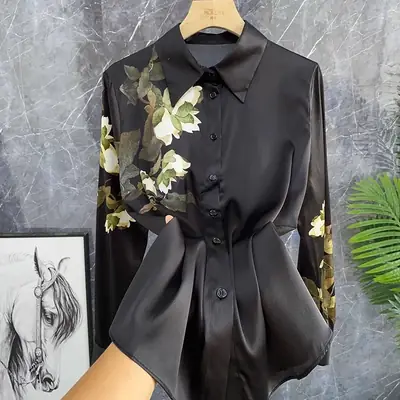 Vintage Black Printed Silk Top with Long Sleeves