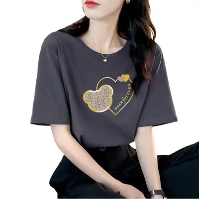 Women Bear Heart Print Cotton T-Shirt Grey 2025