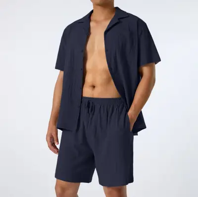 Men Crossbody Shorts Set Gray Cotton Linen Summer Casual