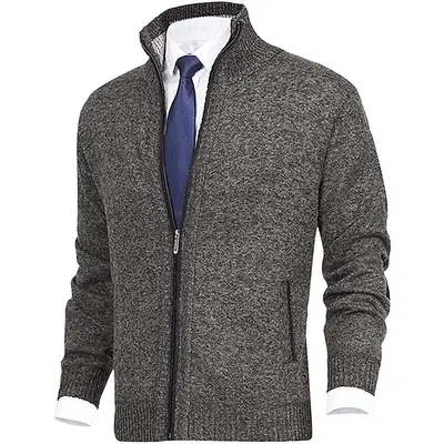 Men's Black Full Zip Cardigan with Stand Collar