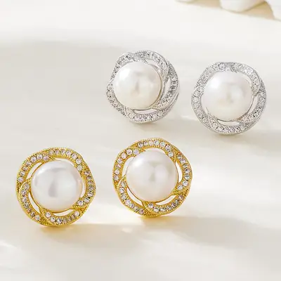 Pearl Earrings with Zircon Set Gold Plated