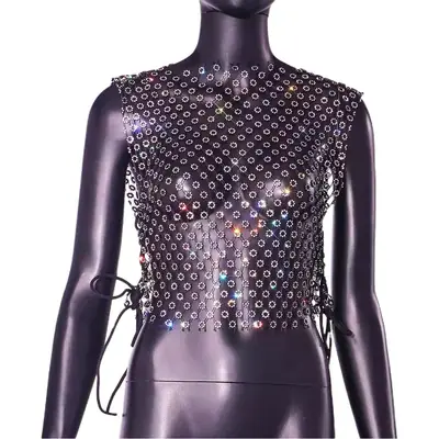 Amazon Cross-Border Nightclub Fishnet Vest with Rhinestones