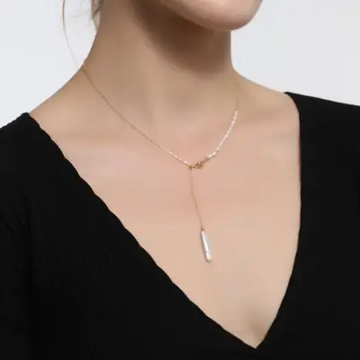 Pearl Necklace with Small Silver Bar & Copper Clavicle