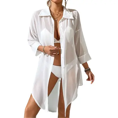 Women's White Chiffon Polo Shirt Casual Beach Top