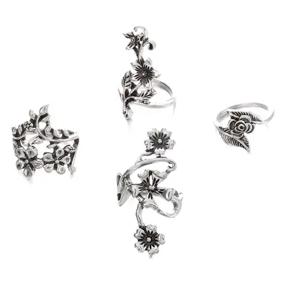 European and American Style Vine Leaf Flower Ring Women's Ring Personalized Antique Silver 4-Piece Set Bohemian Style
