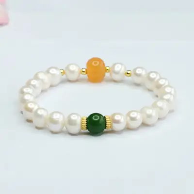 Women's Pearl Bracelet with Green & Orange Beads