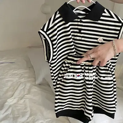Korean Boys Striped Polo Shirt Set Summer Casual