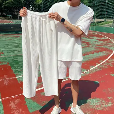 Men Korean Style White Shorts Trousers Set