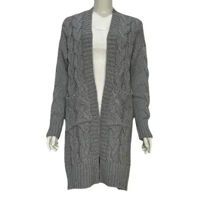 Women's Grey Cable Knit Long Sleeve Cardigan Sweater
