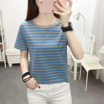 Women Blue Striped Short Sleeve T-Shirt 2023
